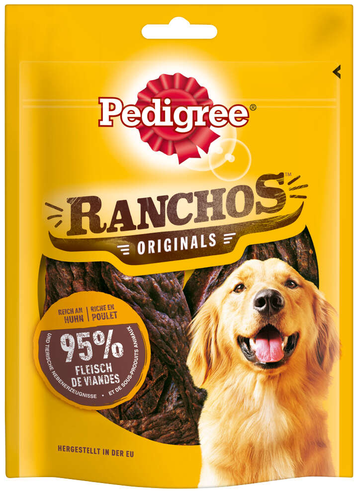 PED_Snacks_70G_4008429105098_0917_24034_01_web_large_path Beutel mit Hundesnacks von Pedigree, zeigt einen Hund und die Aufschrift "Ranchos Originals".